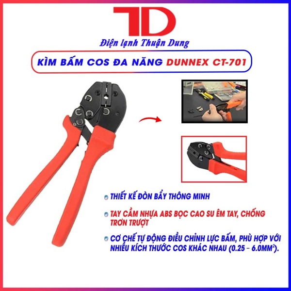 Dụng cụ bấm ống mềm Dunnex CT-701, kìm bấm cos đa năng, phi 6 (1.4")