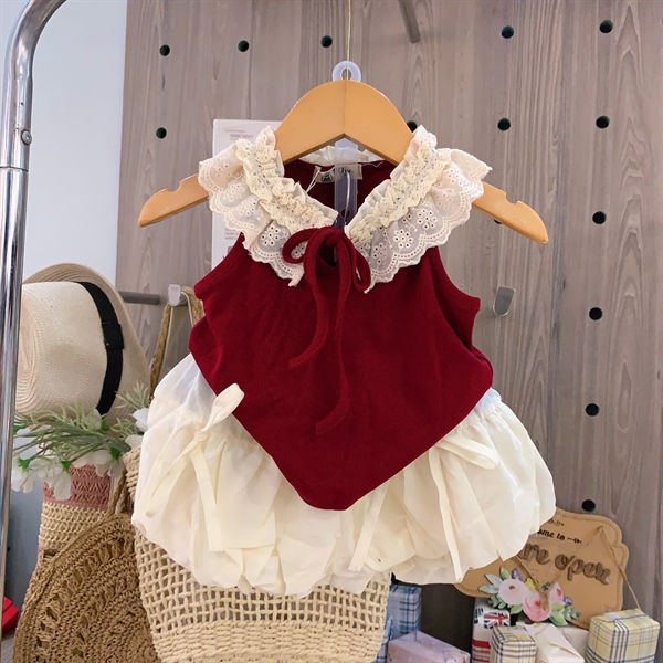 Áo BG dễ thương phối cổ ren, hồng-đỏ (1-5)