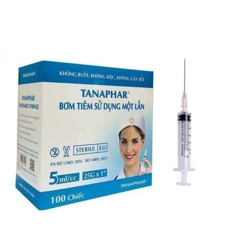 Bơm tiêm 5ml/cc (Kim 25G x 1'') Tanaphar , Bơm tiêm sử dụng một lần (Kiện 20 Hộp x 100 cái)