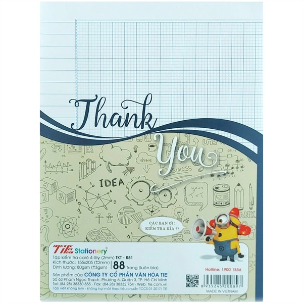 Tập Kiểm Tra TIE Thank You 88 Trang TKTR81 – Caro 4 Ô Ly – Bìa Minions Dễ Thương
