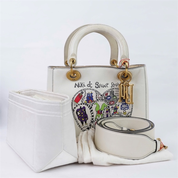 Túi Dior Lady trắng in hình trái tim kèm lót form (01-BO-0118) szM (HN) KG+