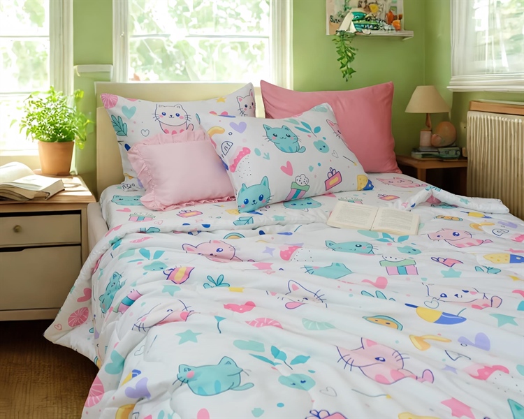 Bộ drap 4 món Tencel 60s họa tiết mèo hồng nền trắng kem