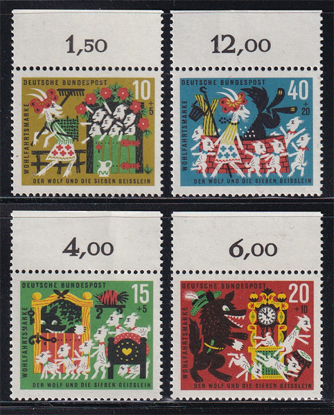 Bộ 4 Tem Đức - Truyện Cổ Grimm "Chó Sói Và Bảy Chú Dê Con" | Germany - Grimm's Fairy Tales "The Wolf And The Seven Young Goats" 1963 (4) | Mint