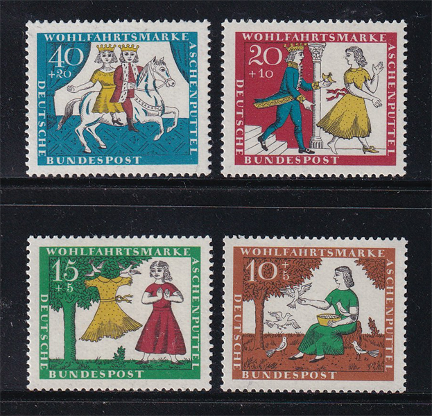 Bộ 4 Tem Đức - Truyện Cổ Grimm "Cô Bé Lọ Lem" | Germany - Grimm's Fairy Tales "Cinderella" 1965 (4) | Mint