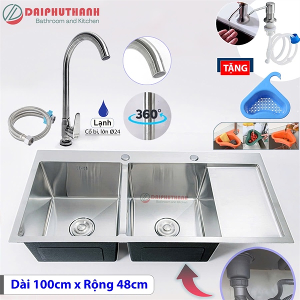 Chậu chén Kazta CV10048T 2 hộc 1 cánh trơn kèm vòi nước (I)