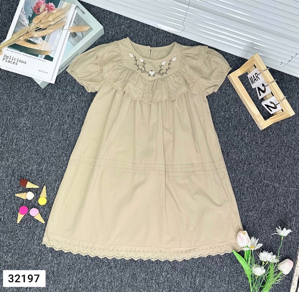 Váy thô cổ bèo ren-Xám nâu