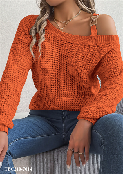 Autumn and Winter Casual Metal Buckle Splicing Off-shoulder Lantern Sleeve Pullover Sweater