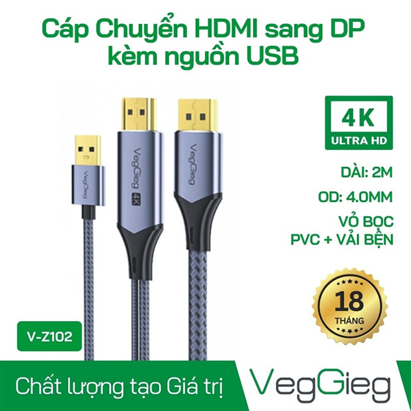 Dây chuyển đổi HDMI sang DP cable with USB 2m VegGieg V-Z102