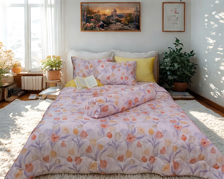 Chăn hè (Vỏ mền/ vỏ mền chần) Tencel 60s họa tiết tulip cam