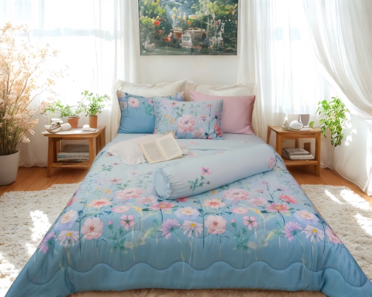 Bộ drap 4 món Tencel 60s họa tiết vườn hoa xanh mint