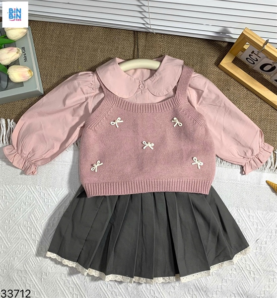 33712- Set 3ct Hồng 2 dây len đính nơ + Cv Xếp ly