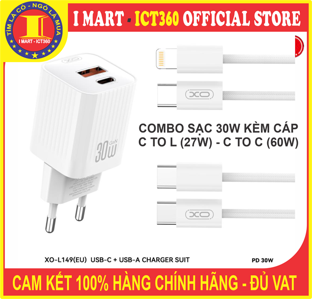 Combo Sạc 30W Kèm cáp ( C To C hoặc C To L) XO L149 (EU)