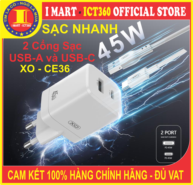 Sạc Nhanh 45W XO CE36 2 Cổng (USB-A+C)
