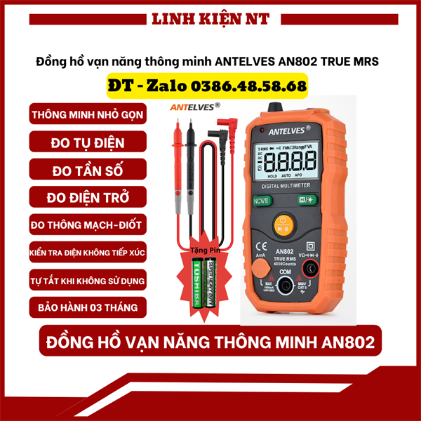 Đồng Hồ Đo Điện Vạn Năng, Đồng Hồ Đo Điện Tử, ANTELVES AN802 Đa Năng Tự Động, Đo Điện Trở, Đo Tụ