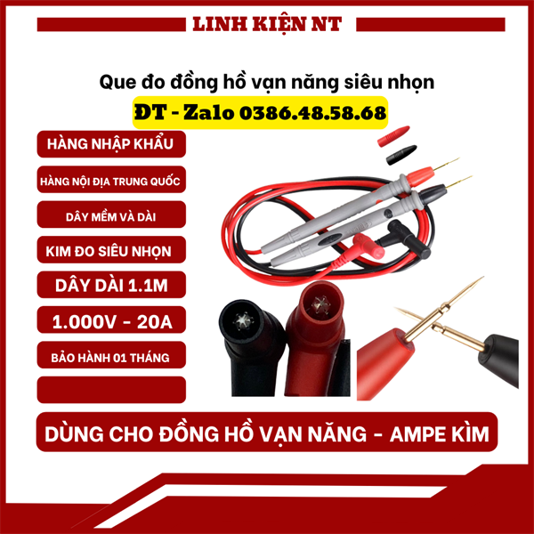Que Đo Đồng Hồ Vạn Năng, Dây Đo Đồng Hồ Vạn Năng CATII 1000V 20A Siêu Nhọn