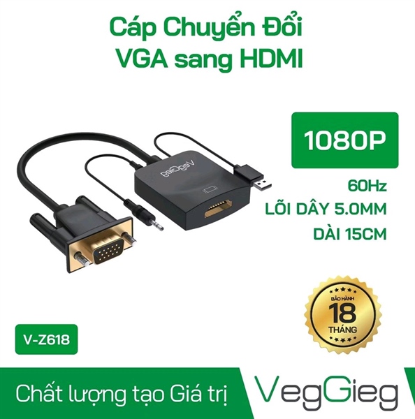 Chuyển VGA to HDMI, VegGieg VZ618, có jack âm thanh