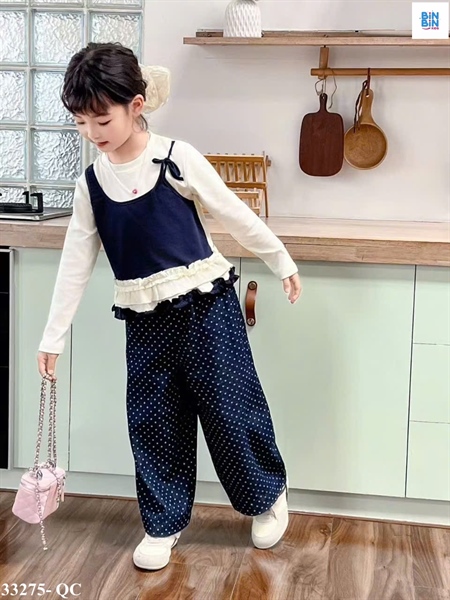 33275- Set Jean 3ct chấm bi yếm lai ren