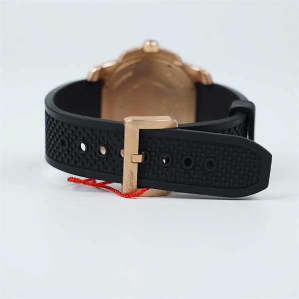 Đồng hồ Cartier dây đen mặt tròn vàng hồng (50119UX) sz47.7 (HC) KG+