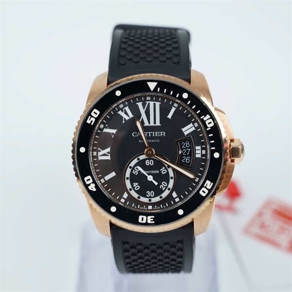 Đồng hồ Cartier dây đen mặt tròn vàng hồng (50119UX) sz47.7 (HC) KG+