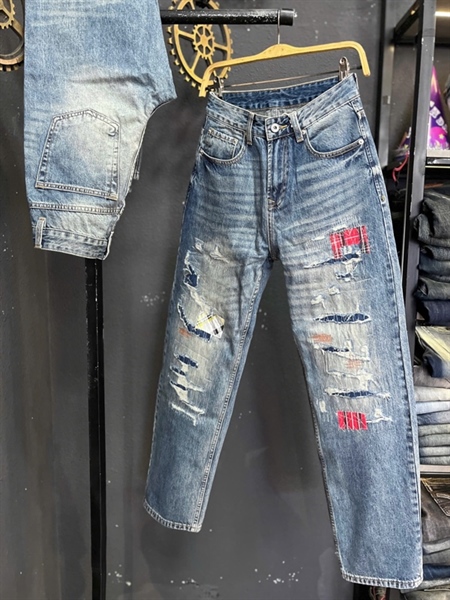 Jean QC VIP-JK9903- xanh rách mạng lót caro- From Relaxed Fit