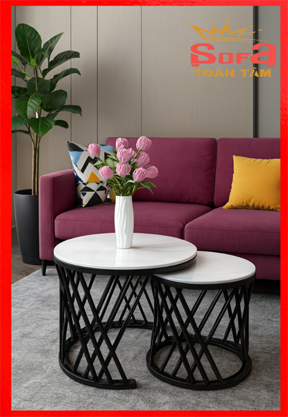 Bàn Trà Đôi Tròn Mặt Đá Trắng Chân Sắt Đen Đan Chéo