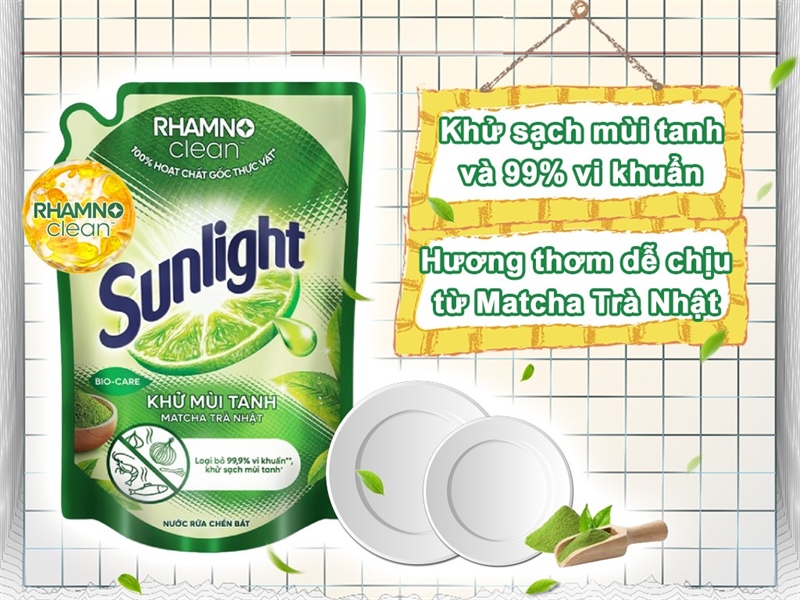 Nước Rửa chén Sunlight Matcha Trà Nhật khử mùi tanh - 2kg (1.9L)