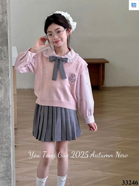 33246- Set váy 3 CT sơ mi kẻ hồng + ghile len