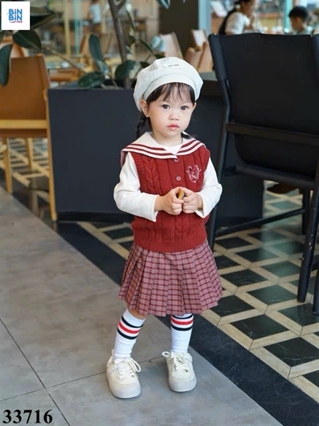 33716- Set 3ct Gille Len Cổ Thủy Thủ + Cv Xếp Ly Kẻ Đỏ