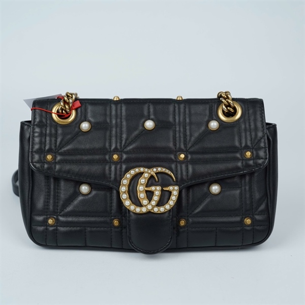 Túi GG Marmont đen đính ngọc (443497-498879) sz25 (TL) KG+