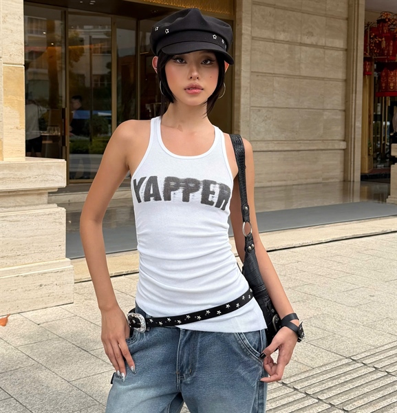Áo Ba Lỗ Thun Mỏng TWENTI Vạt Xéo Nhún Eo In Yapper - YAPPER Trắng - Freesize