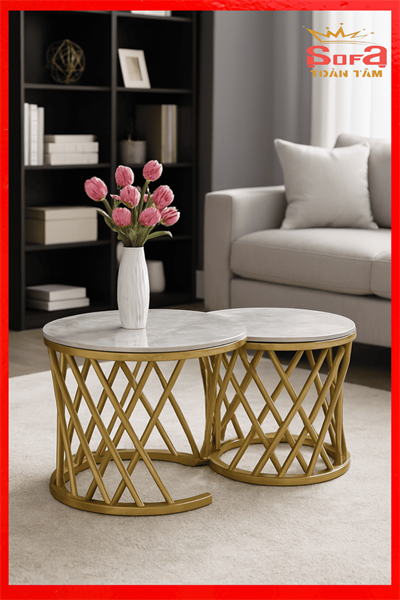 Bàn Trà Đôi Mặt Đá Trắng Khung Sắt Vàng Đan Chéo – Phong Cách Sang Trọng Hiện Đại