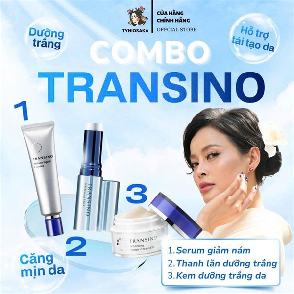 Combo Giảm Nám Dưỡng Da Toàn Diện Transino (Tinh Chất Trắng Sáng 30g, Thanh Dưỡng Trắng Da, Kem Dưỡng Trắng Da EX)