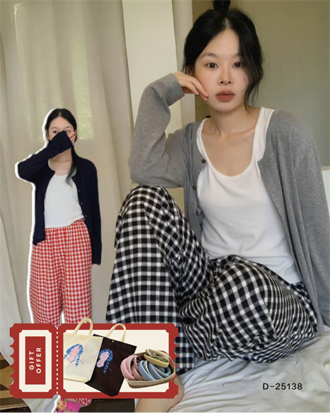 Combo mặc nhà 3 item kẻ caro style Hàn basic D25138 (tặng kèm túi tote và băng đô cài tóc)