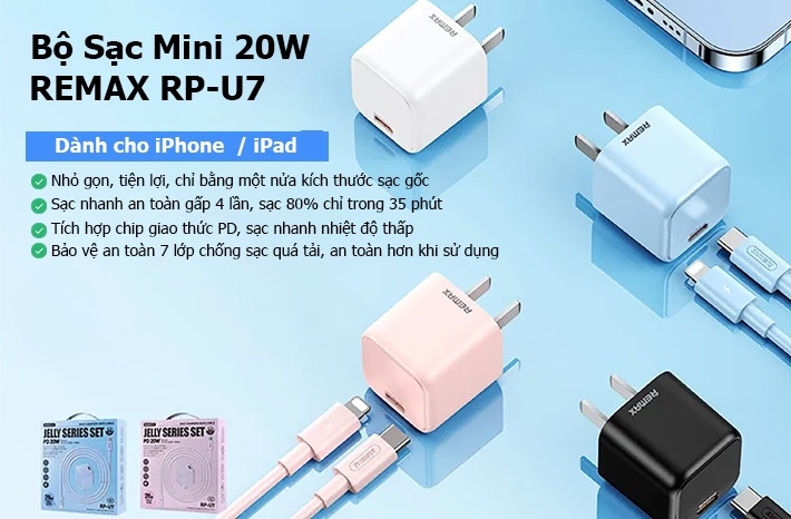 Bộ sạc điện thoại iPhone sạc nhanh PD 20W kèm cáp Lightning Remax RP-U7