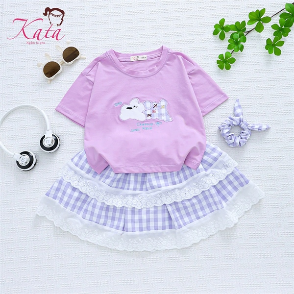 BV ÁO THUN THÊU CHÓ VÁY CARO PHỐI REN SIZE 4-14,R6