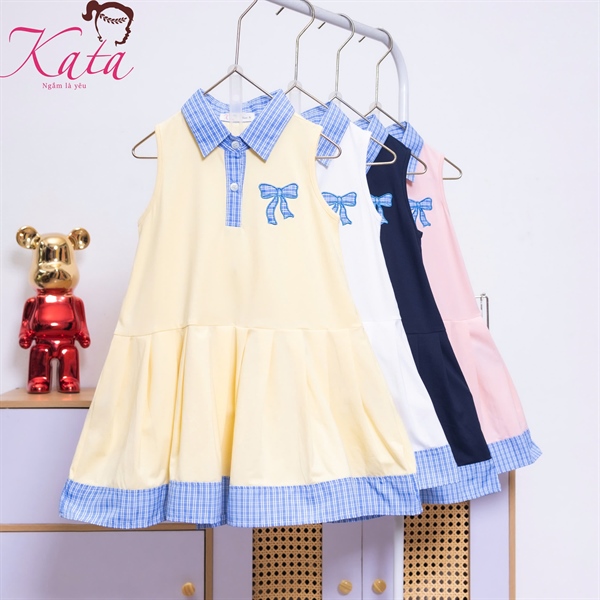 Đầm Bé Gái Cổ Sơ Mi Nơ Caro Đẹp Size 4-14 | Bé 12-35kg