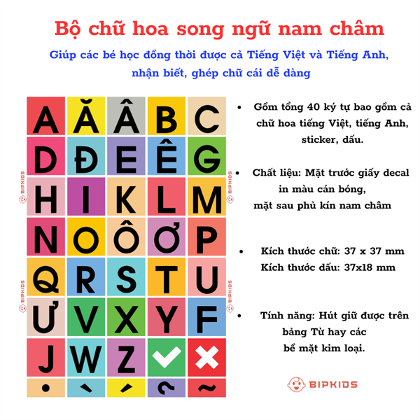 Bộ chữ cái Tiếng Việt + Tiếng Anh có nam châm, tự dính lên các bề mặt kim loại như bảng từ, tủ lạnh
