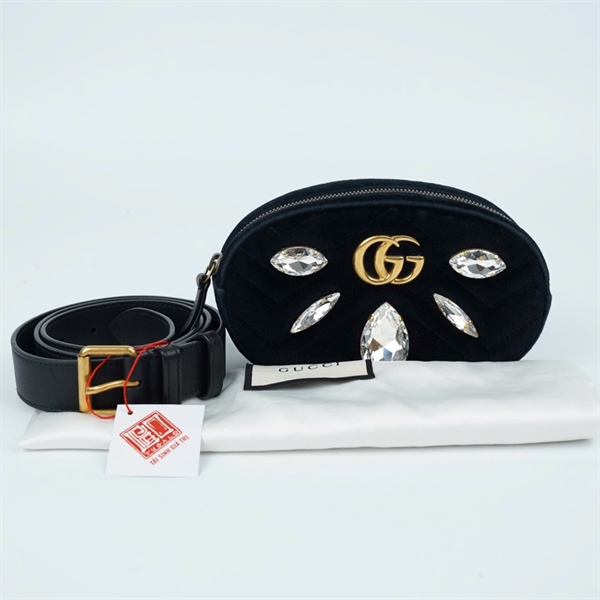 Túi GG Bumbag đen đính đá (476434-525040) sz17 (MV) KG+