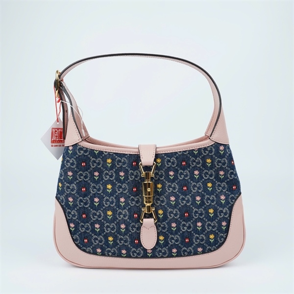 Túi GG Jackie 1961 xanh thêu hoa viền hồng (636706-520981) sz28 (PN) KG+