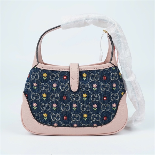 Túi GG Jackie 1961 xanh thêu hoa viền hồng (637092-562600) sz19 (PN) KG+