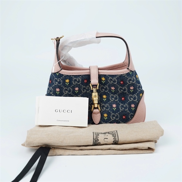 Túi GG Jackie 1961 xanh thêu hoa viền hồng (637092-562600) sz19 (PN) KG+