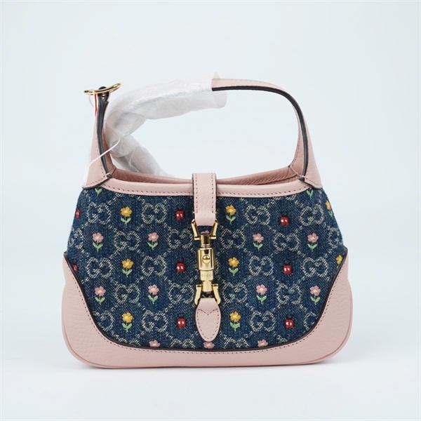 Túi GG Jackie 1961 xanh thêu hoa viền hồng (637092-562600) sz19 (PN) KG+