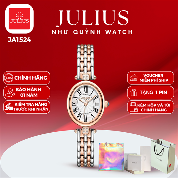Đồng hồ nữ Julius Hàn Quốc Ja-1524C mặt ovan 35mm x 22mm dây thép (Demi đồng))