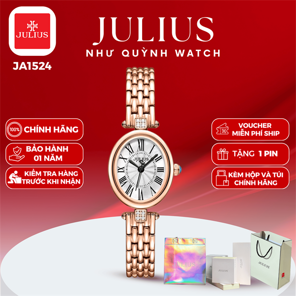 Đồng hồ nữ Julius Hàn Quốc Ja-1524B mặt ovan 35mm x 22mm dây thép (Đồng)
