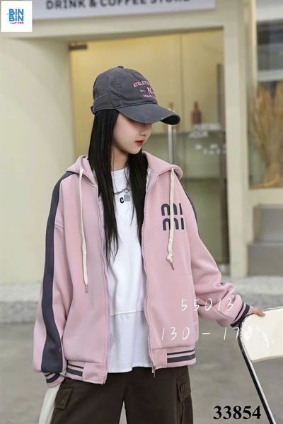 33854- Khoác Nỉ Mũ Kéo Khóa Hồng Min Min