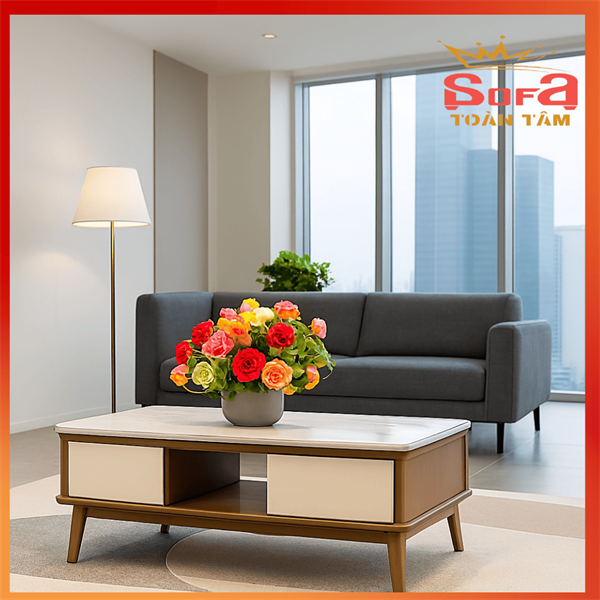 Bàn trà gỗ mặt đá hiện đại