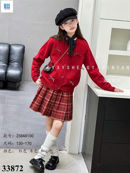 33872-Set váy 3ct caro đỏ len nơ