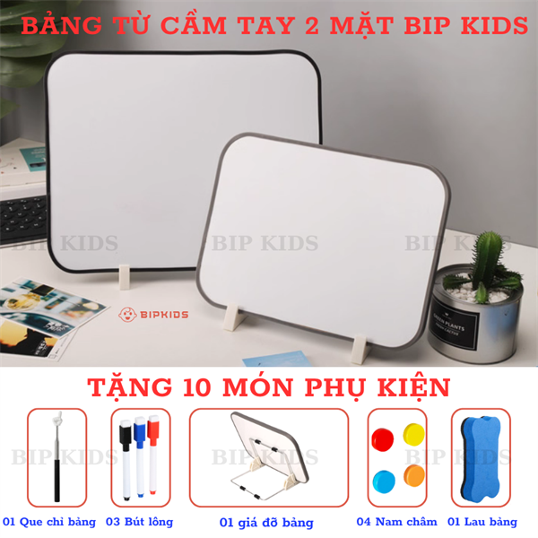 (TẶNG 10 PHỤ KIỆN) Bảng từ cầm tay 2 mặt BIP KIDS có giá đỡ - Bảng trẻ em 2 mặt có từ tính -xoá dễ dàng,hút nam châm tốt