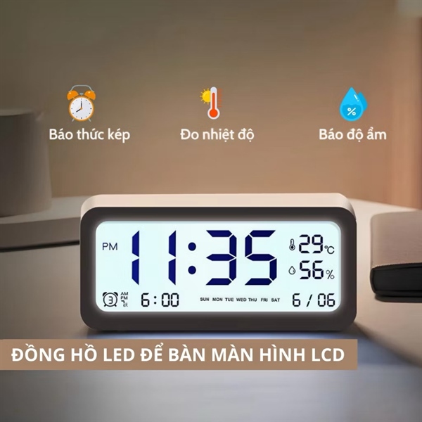 ￼Đồng hồ led để bàn báo thức màn hình LCD cao cấp đo nhiệt độ và độ ẩm