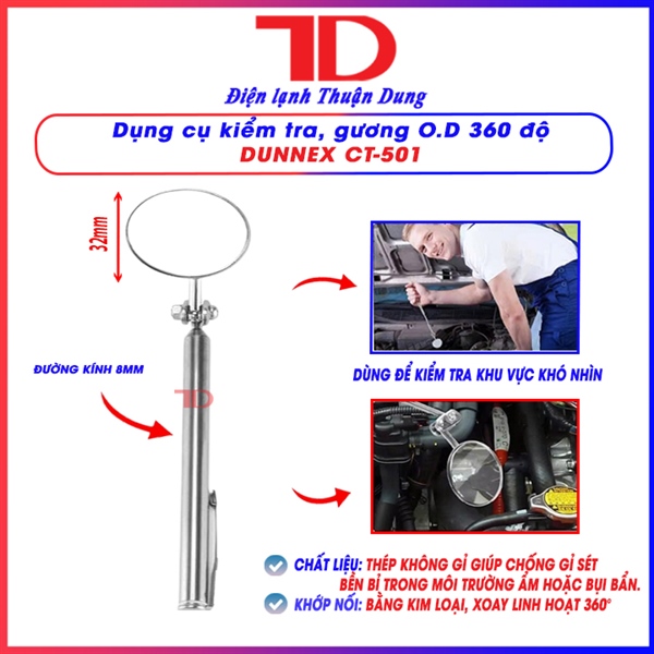 Dụng cụ kiểm tra, gương tròn phóng to, gương O.D 360 độ Dunnex CT-501, đường kính 32mm, tay cầm thép (thùng 100 cái)